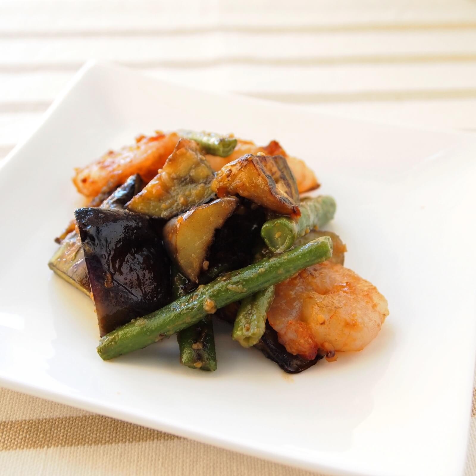 なすといんげんとえびのみそ炒め なすといんげんとえびのみそ炒め